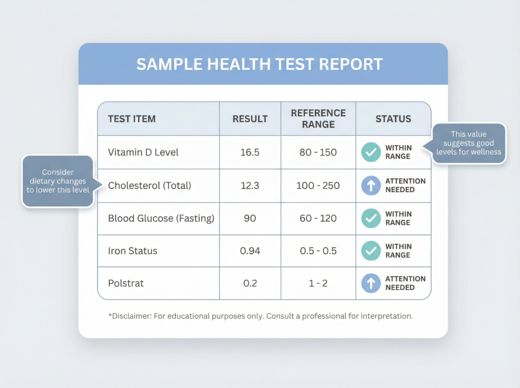 Sample health test report with simple educational annotations and result ranges