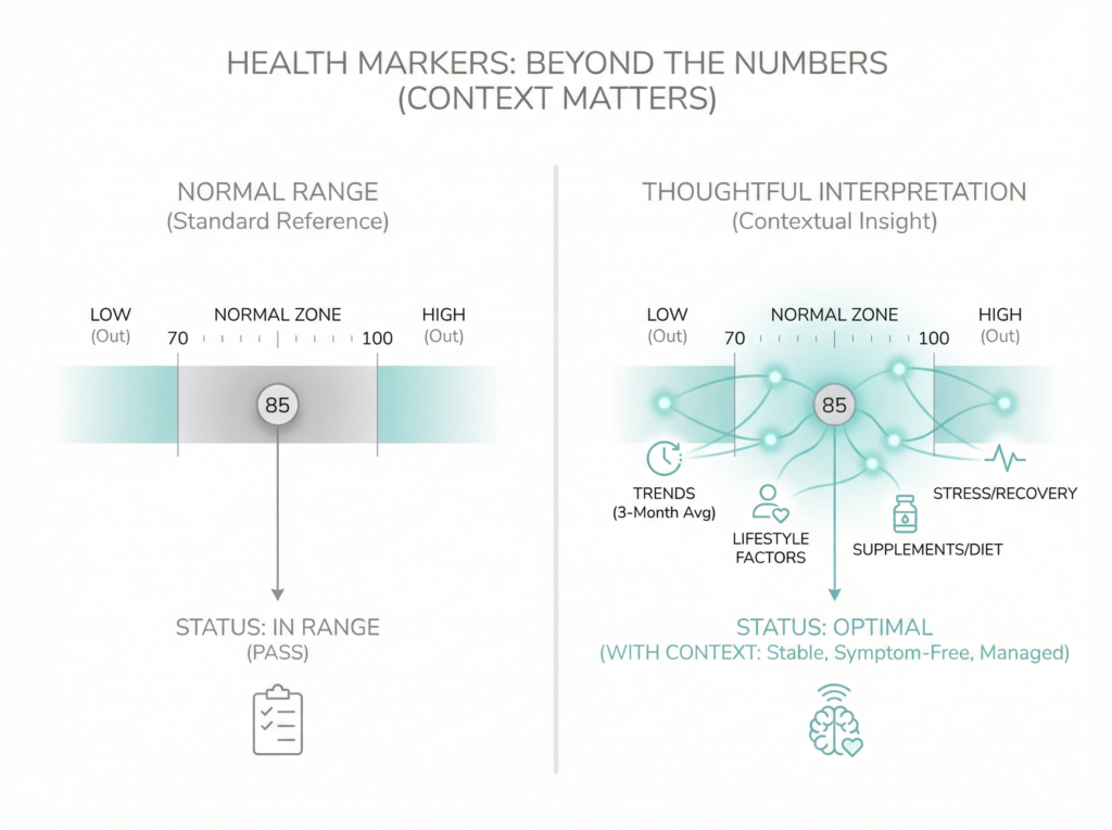 Chart comparing normal range with thoughtful interpretation of health markers in context