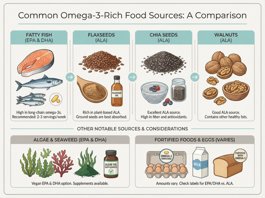 Chart comparing common omega-3 food sources including fish, flaxseeds, chia seeds, and walnuts