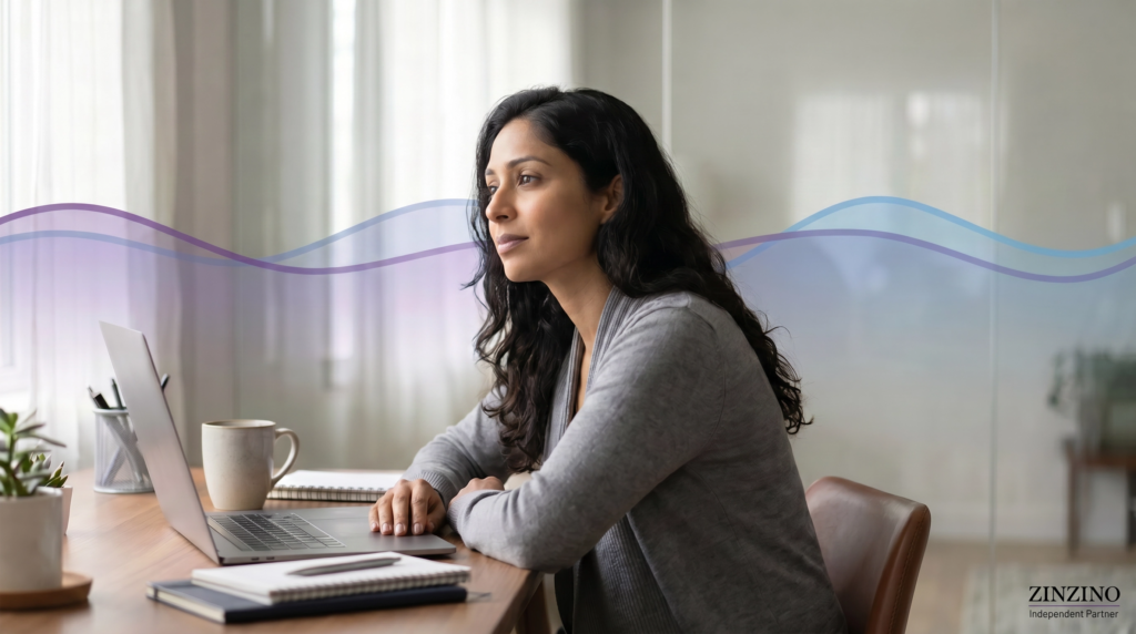 Woman sitting at a desk looking drained but positive while working on a laptop