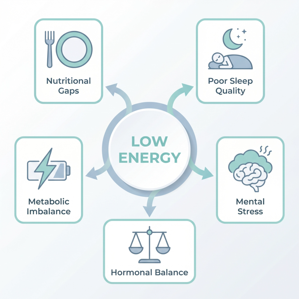 Infographic showing common causes of sustained fatigue such as poor nutrition, sleep issues, stress, and hormonal imbalance