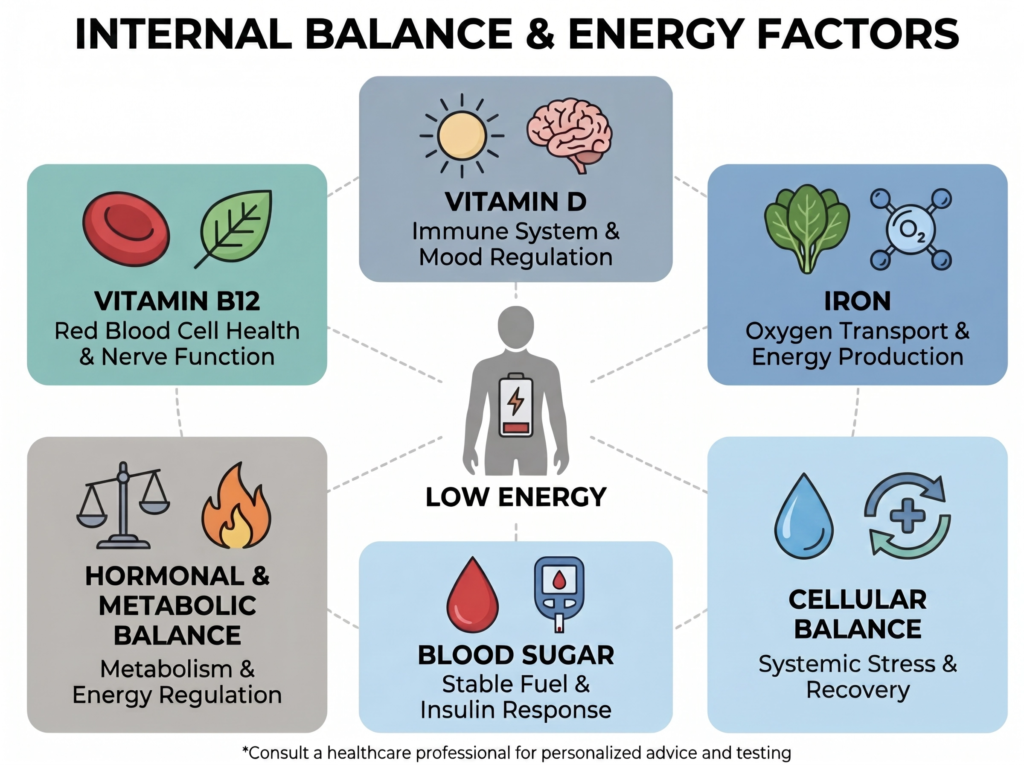 Chart showing internal health markers linked to low energy including vitamin B12, vitamin D, iron, hormonal & metabolic markers, blood sugar, and inflammation