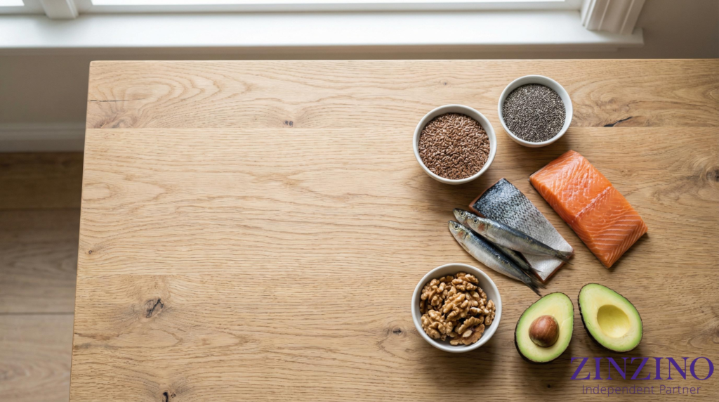 Fish and plant-based foods that provide omega-3 arranged on a wooden table